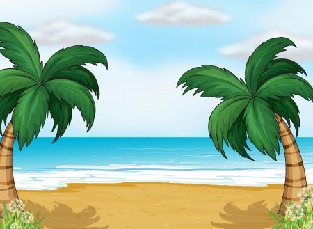 Tropical beach scene with two palm trees, golden sand, turquoise ocean, and blue sky with clouds.
