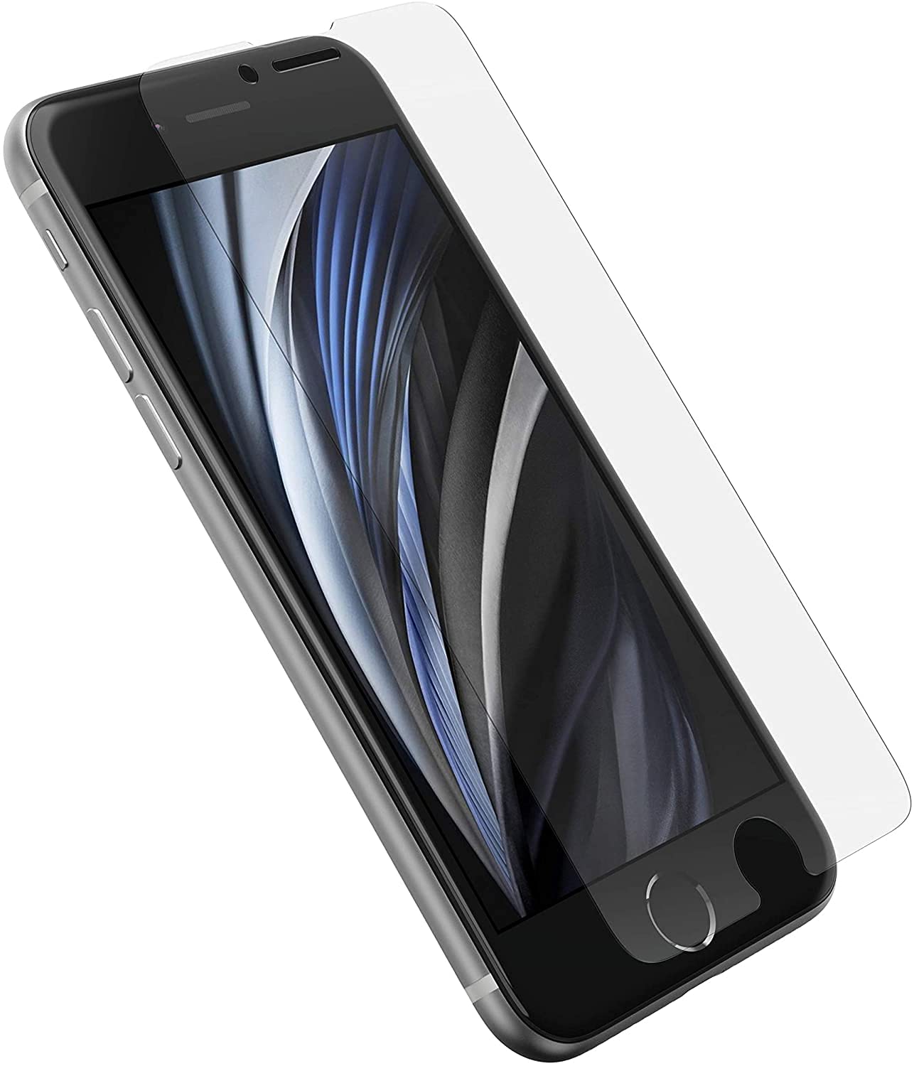 Clear tempered glass screen protector shown above an iPhone SE (2020) with black front and silver frame.