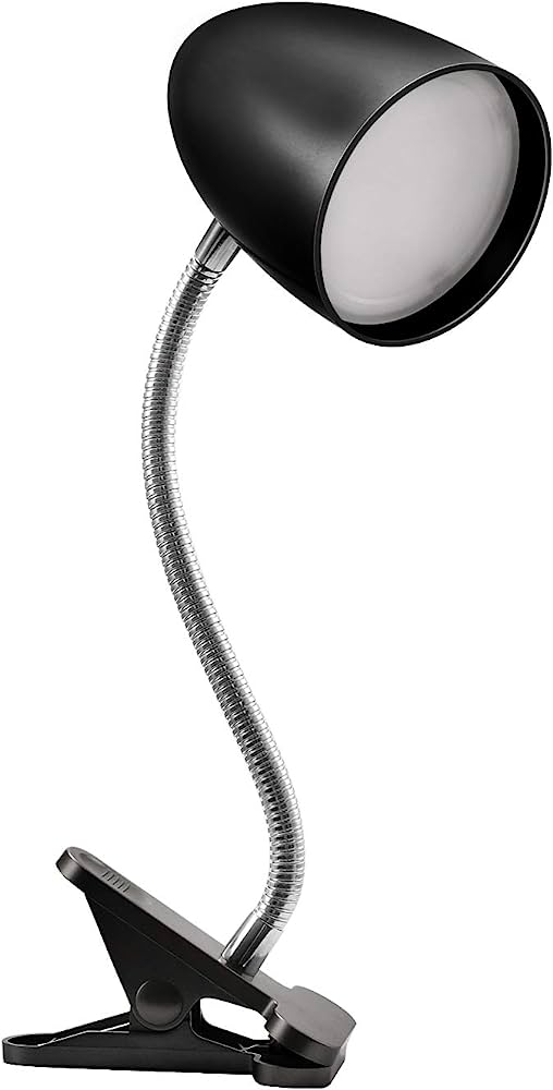 Black clamp-on desk lamp with flexible gooseneck and matte finish shade.