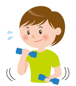 A smiling cartoon person in a green shirt doing light dumbbell exercises, with sweat drops and motion lines indicating effort.