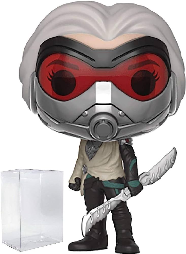 Funko Pop figure of a character with silver hair, red visor goggles, and a futuristic mask, holding a curved blade weapon, with clear display case.
