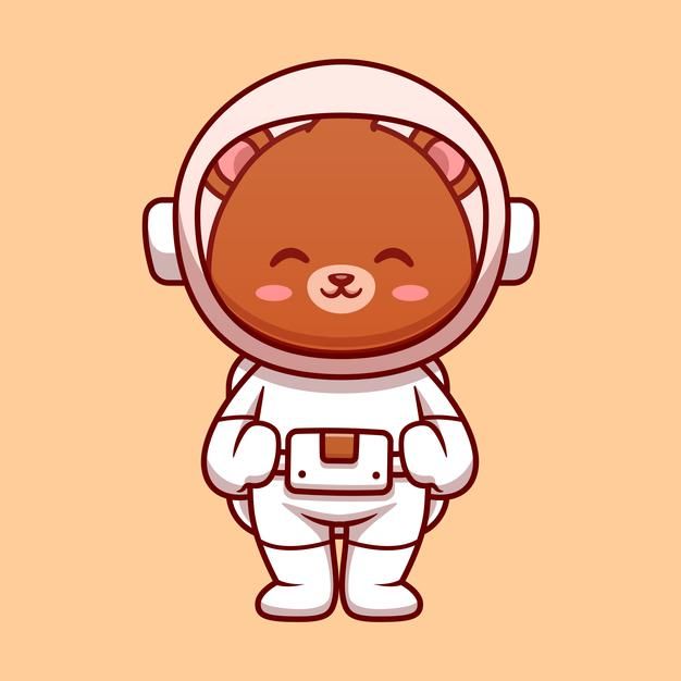 Cute brown bear in a white astronaut suit with helmet, smiling gently against peach background.