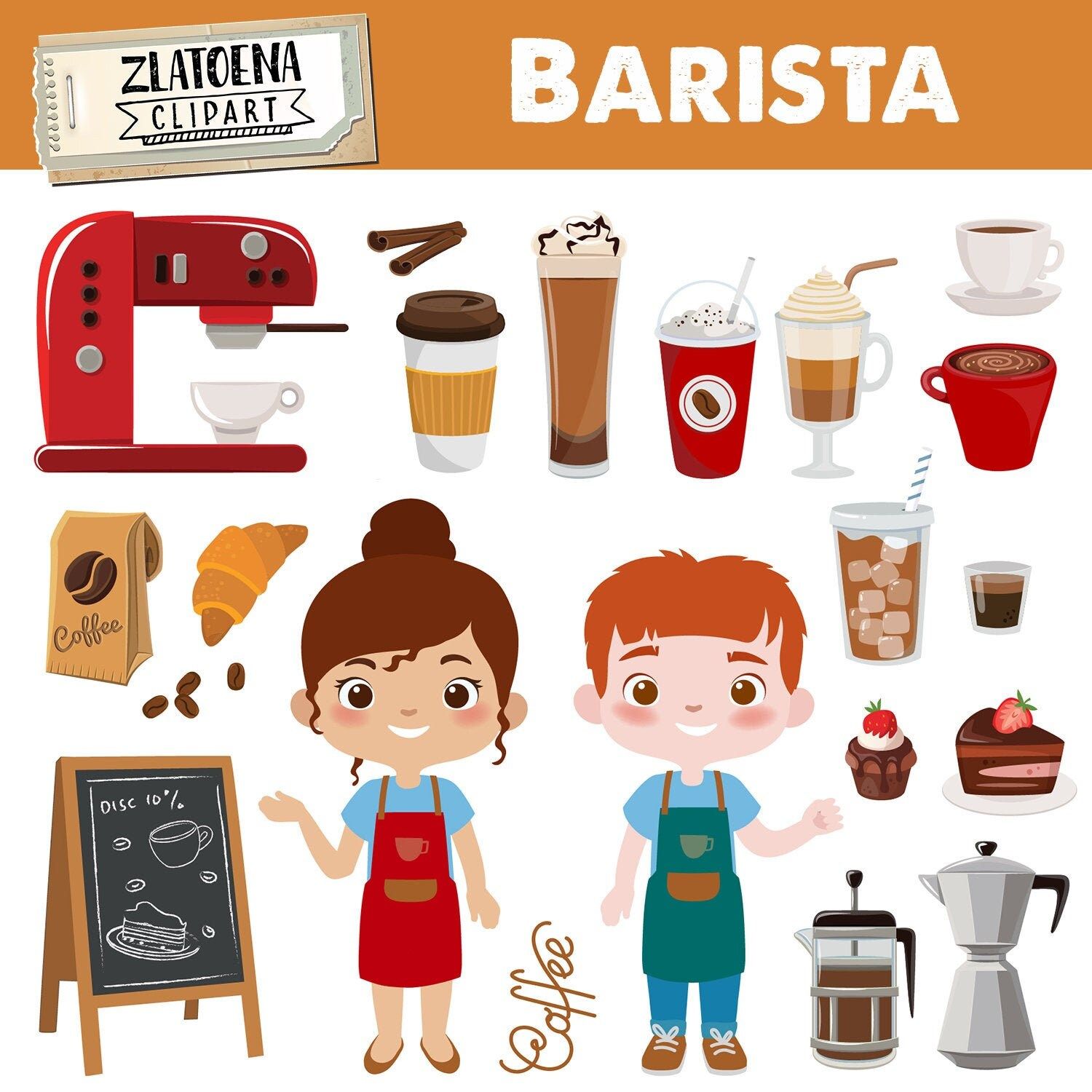 Barista clipart set featuring coffee equipment, drinks, pastries, and two smiling barista characters in aprons.