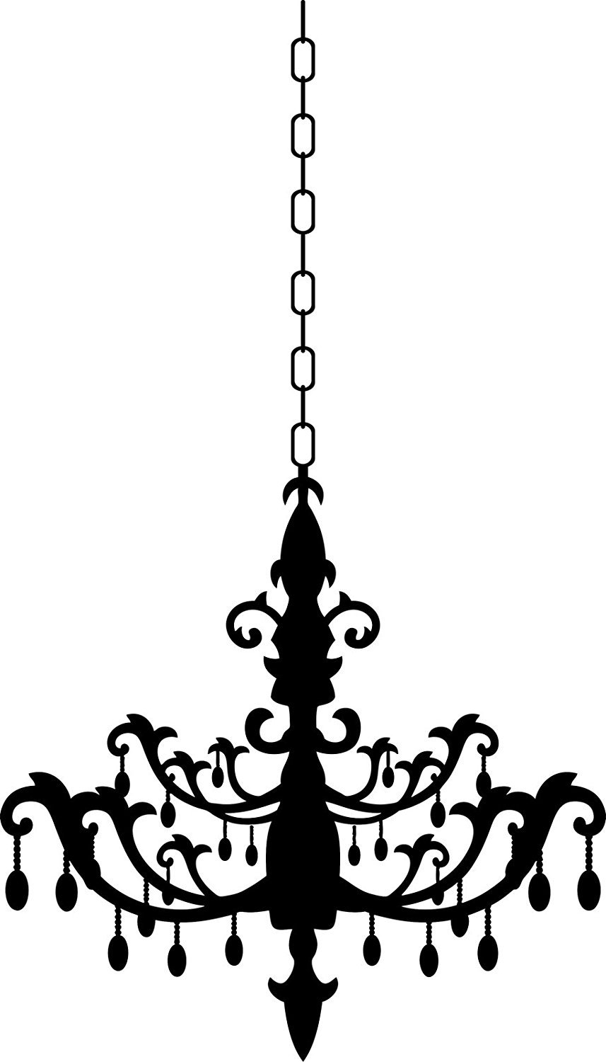 Silhouette of an ornate, multi-tiered chandelier with scrollwork arms and hanging pendants, suspended by a chain.