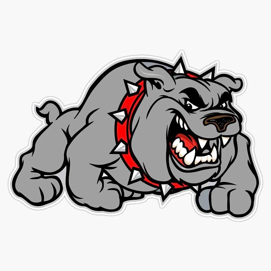 Aggressive gray bulldog mascot with spiked red collar, baring teeth in a fierce pose.