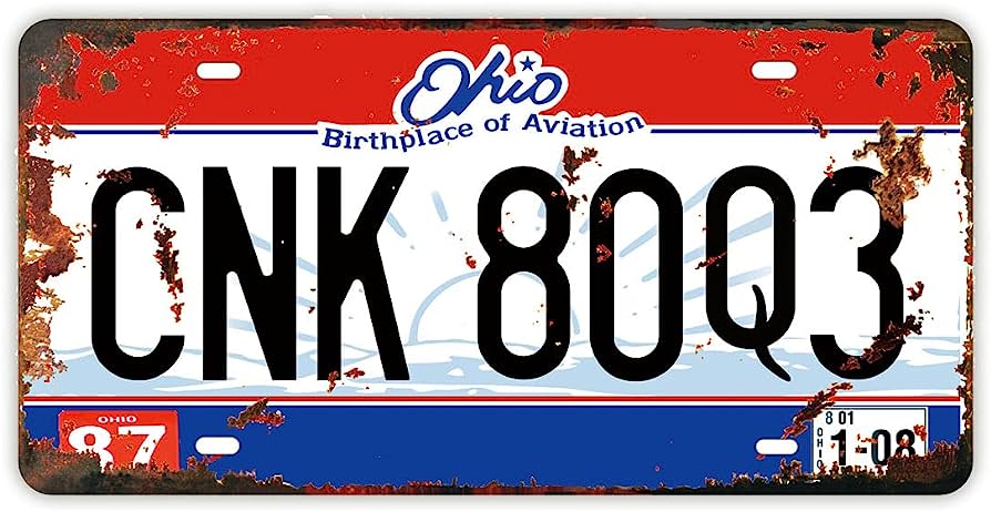 Vintage rusted Ohio license plate CNK 80Q3, "Birthplace of Aviation", 1987-2008 registration.