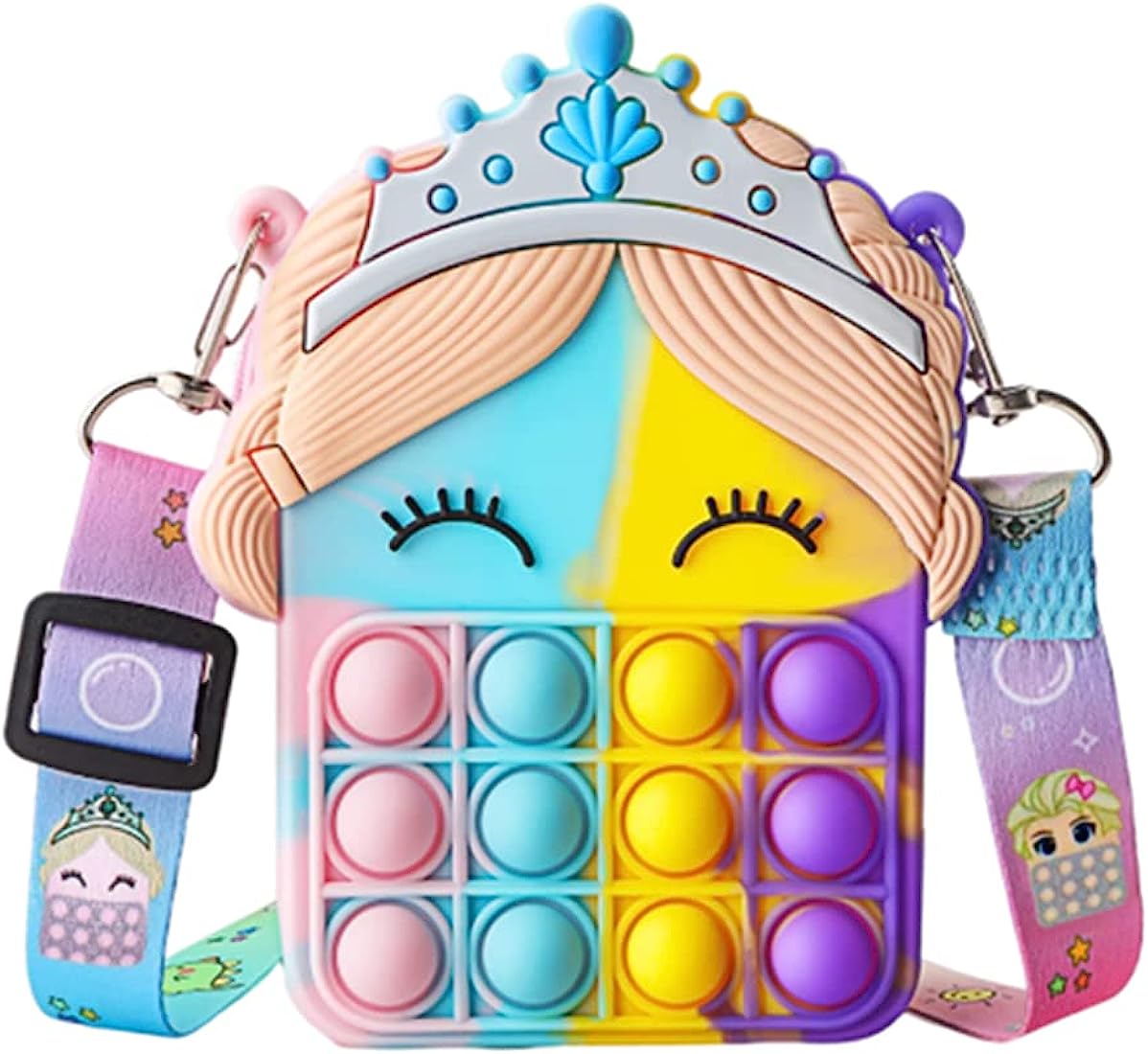 Colorful princess-themed pop-it fidget crossbody bag with crown, braided hair, and silicone bubble grid.