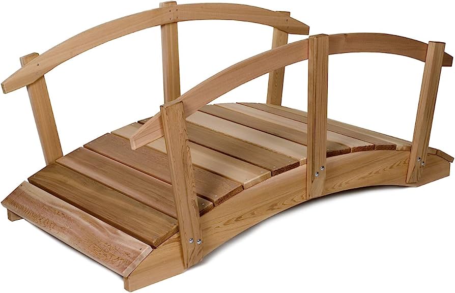 Natural cedar Japanese-style garden bridge with double arches and handrails, ideal for ponds or decorative landscaping.