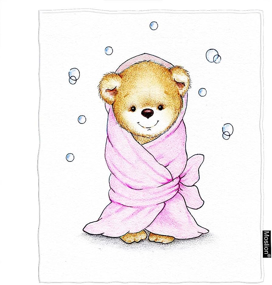 Cute teddy bear wrapped in a pink bathrobe with bubbles floating around, watercolor illustration on white background.