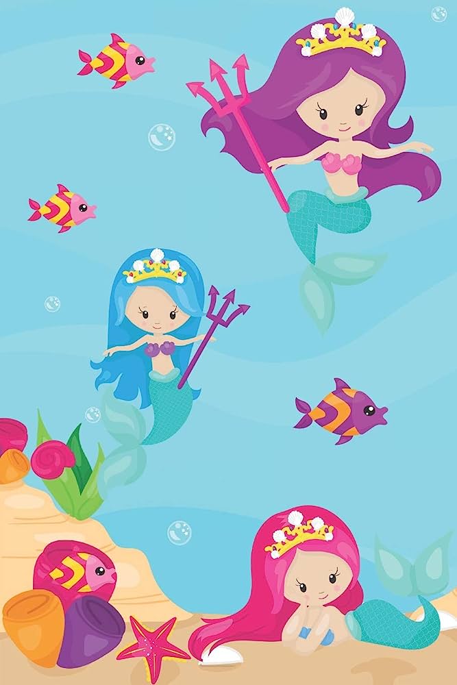 Three cartoon mermaids with crowns and tridents swim underwater with colorful fish and sea shells.