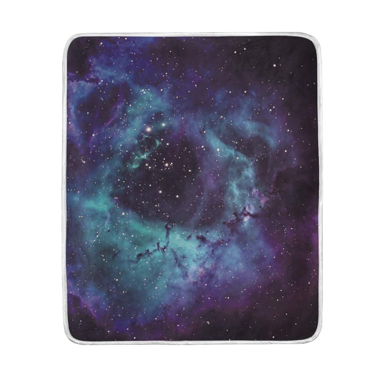 Cosmic nebula blanket with swirling purple, teal, and indigo clouds and scattered stars on a dark background.