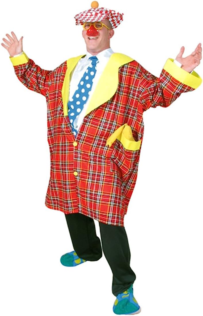 Man in vibrant clown costume with red plaid coat, yellow trim, polka-dot tie, and red nose posing cheerfully.