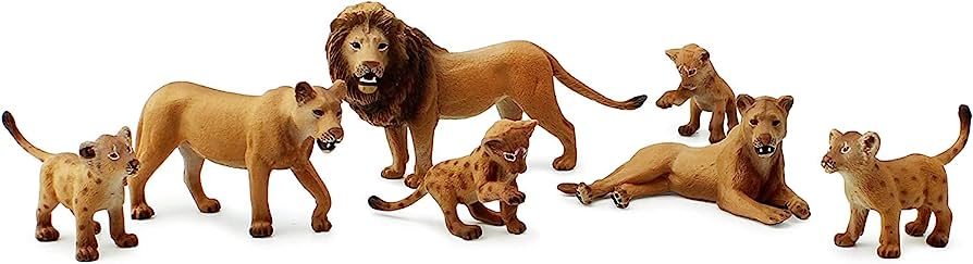 Realistic lion family figurine set including adult male, female, and four cubs in dynamic poses.