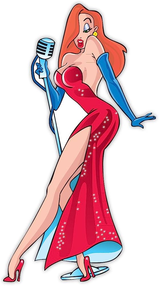 Animated red-haired singer in a sparkling red gown holding a vintage microphone, wearing blue gloves and high heels.
