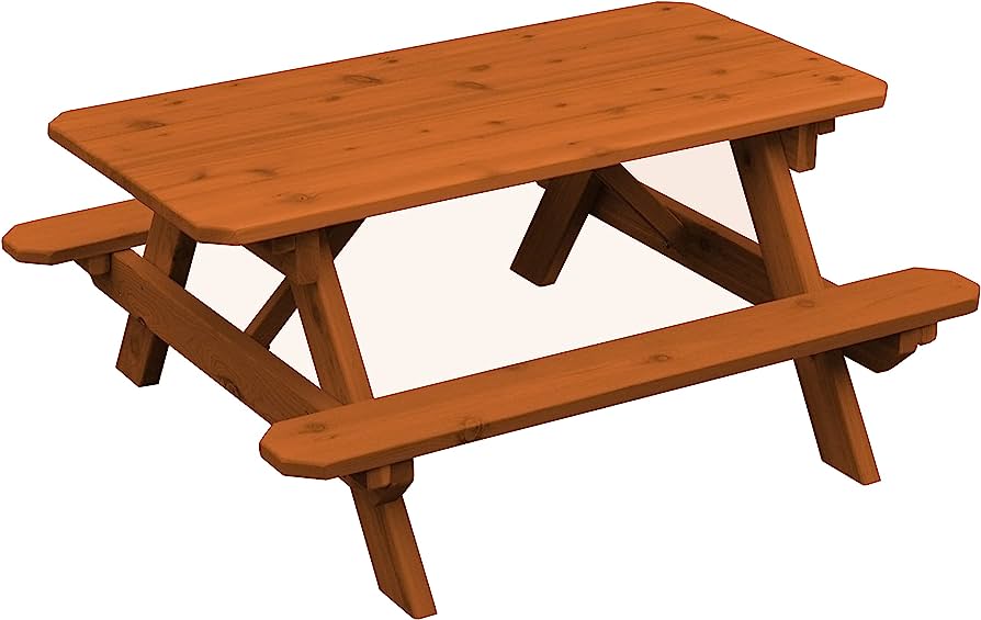 Solid wooden picnic table with attached benches, natural finish and A-frame legs, ideal for outdoor dining or backyard use.