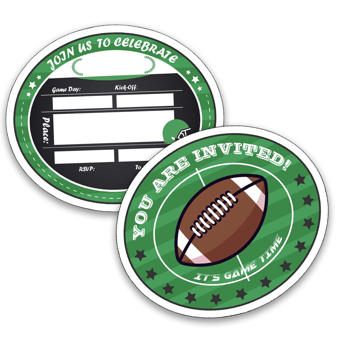 Two circular football-themed party invitations with green borders, one showing fill-in fields and the other featuring a football graphic and "You Are Invited!" text.