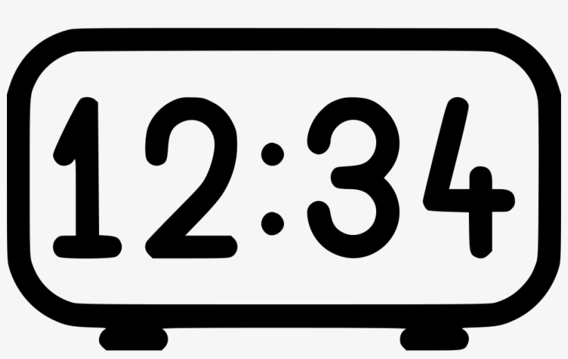 Black-and-white illustration of a digital alarm clock displaying 12:34.