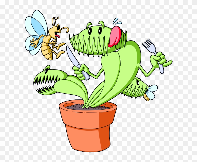 Cartoon Venus flytrap with arms, holding fork and knife, chasing a startled bee while another flytrap snaps shut nearby.