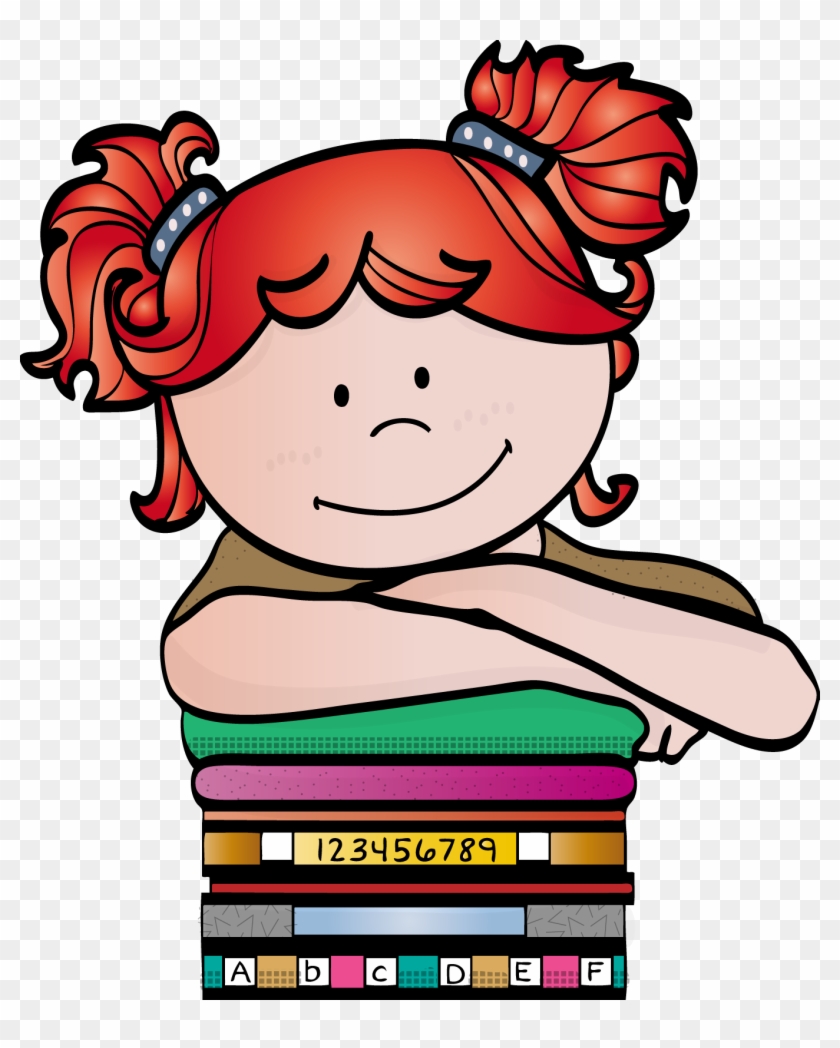 Smiling red-haired girl with pigtails hugging a stack of colorful educational books labeled with letters and numbers.
