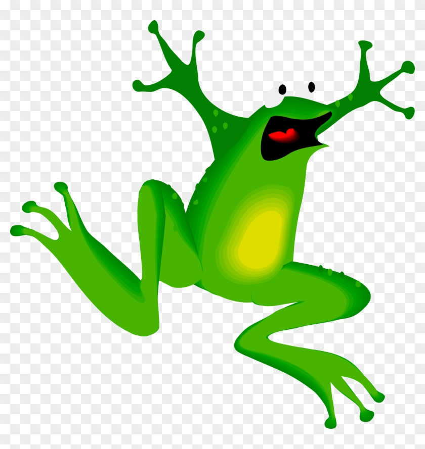 Cheerful green cartoon frog leaping with open mouth and outstretched limbs on transparent background.