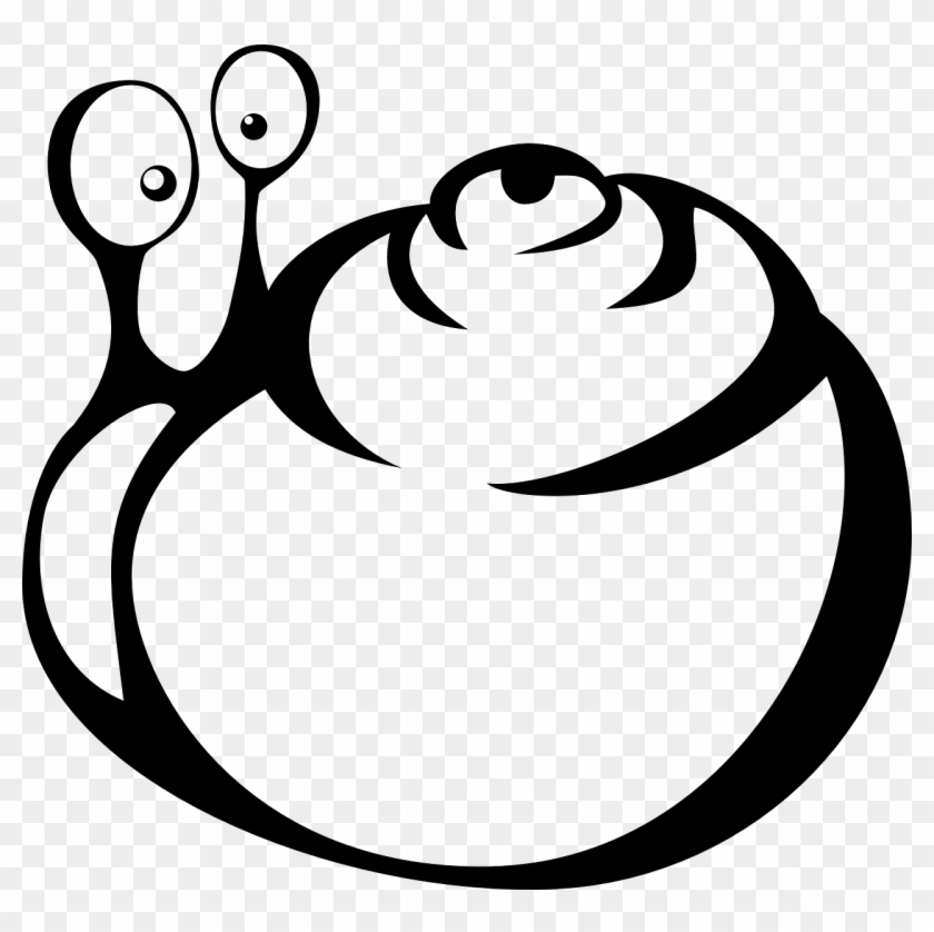 Stylized black-and-white cartoon snail with large expressive eyes and coiled shell, minimalist line art on transparent background.