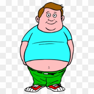 Cartoon illustration of a smiling overweight man in a blue shirt and green pants, standing with hands behind back.