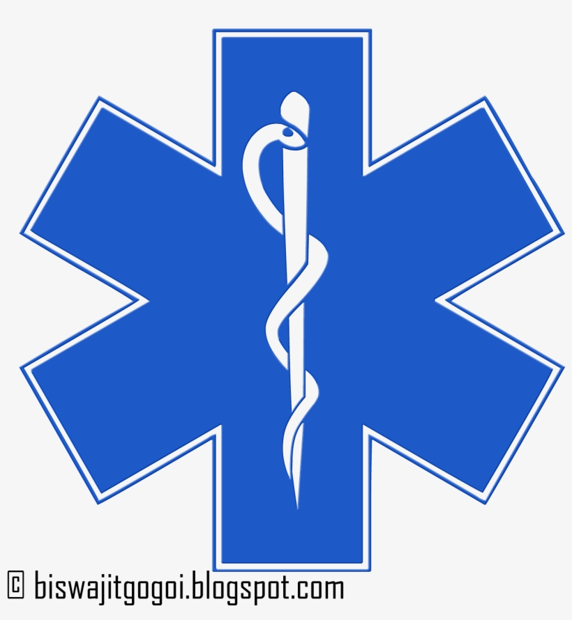 Blue Star of Life with white Rod of Asclepius in center, symbol of emergency medical services.