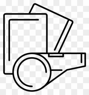 Line art icon showing a referee whistle and two overlapping cards, symbolizing sports officiating or rule enforcement.