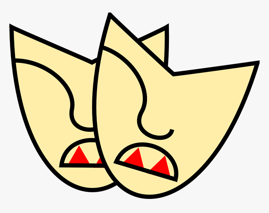 Two stylized yellow theatrical masks with red triangular teeth, representing comedy and tragedy.