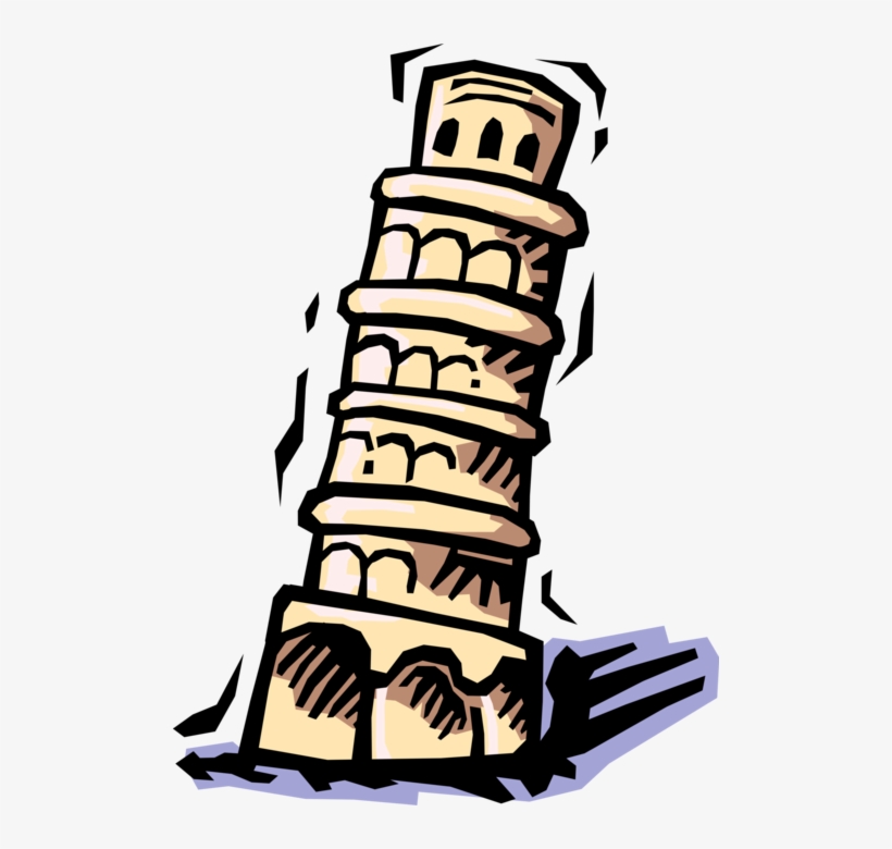 Cartoon-style illustration of the Leaning Tower of Pisa tilting dramatically with cracks and a shadow.