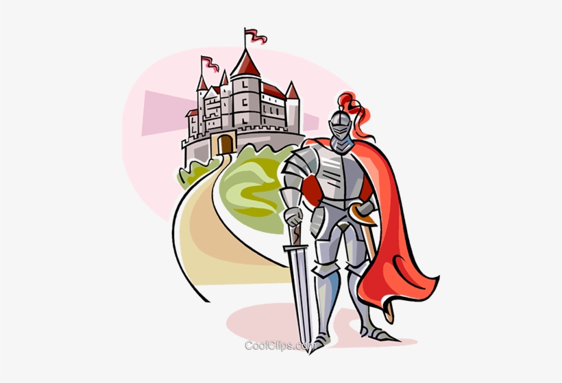 Knight in silver armor with red cape stands before a medieval castle on a winding path.