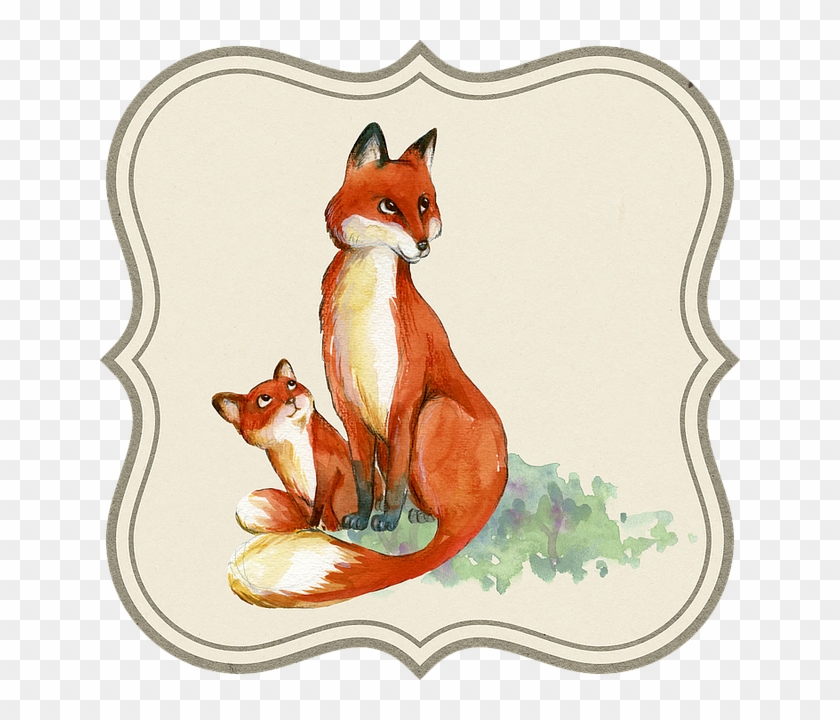 Watercolor illustration of a red fox and its kit sitting together in a decorative frame with green foliage.