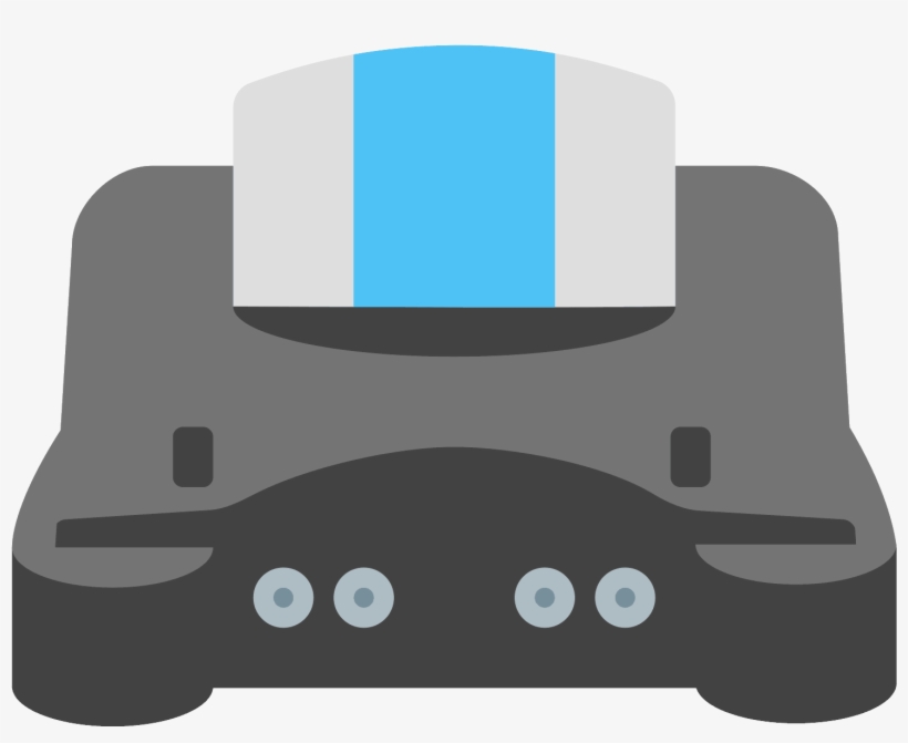 Stylized illustration of a Nintendo 64 console with a gray body, blue-and-white cartridge inserted, and four controller ports.