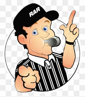 Cartoon referee in striped shirt and cap with "RAR" logo, blowing whistle and pointing upward.