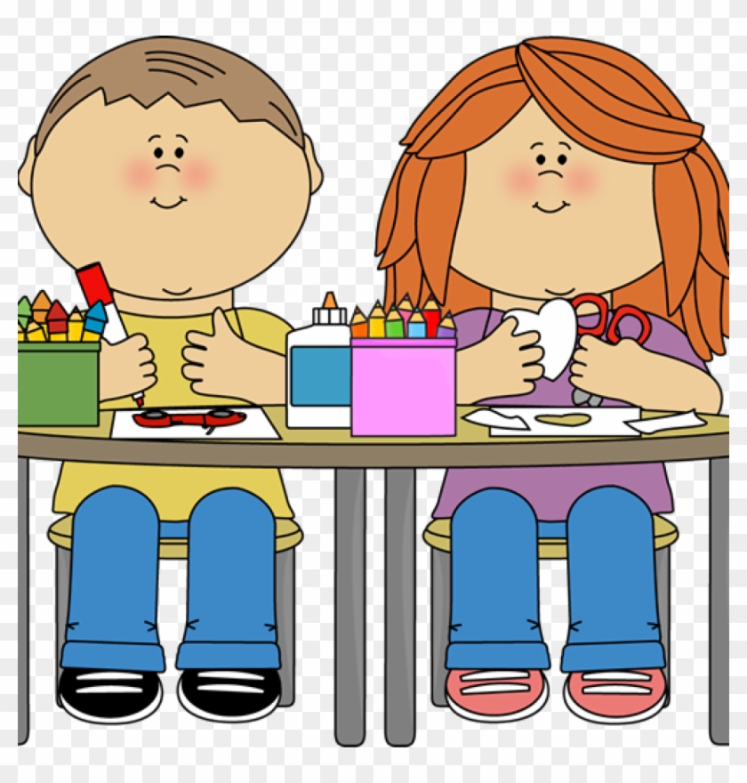 Two cartoon children sitting at a table doing arts and crafts with crayons, glue, scissors, and paper.
