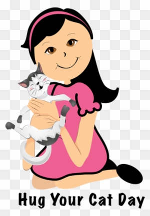 A smiling girl in a pink dress hugs a gray-and-white cat; text reads "Hug Your Cat Day".