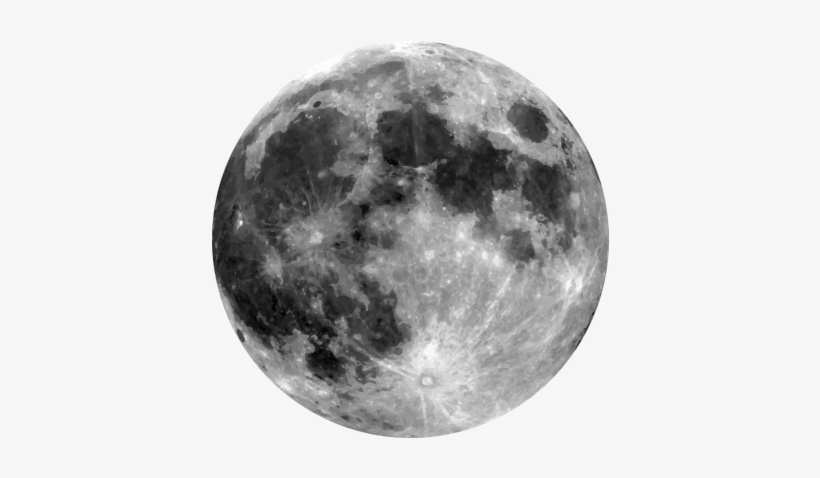 High-resolution grayscale image of the full Moon showing maria, craters, and surface textures against a white background.