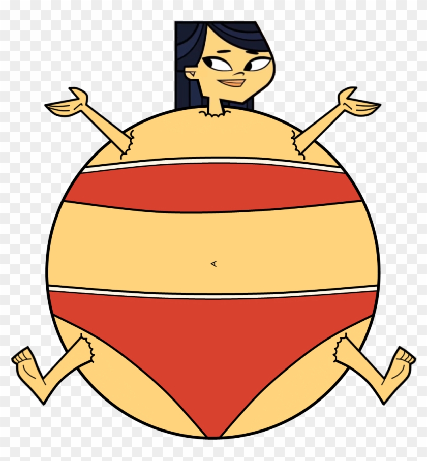 Cartoon character with exaggerated round body in red and yellow striped swimwear, arms and legs sticking out playfully.