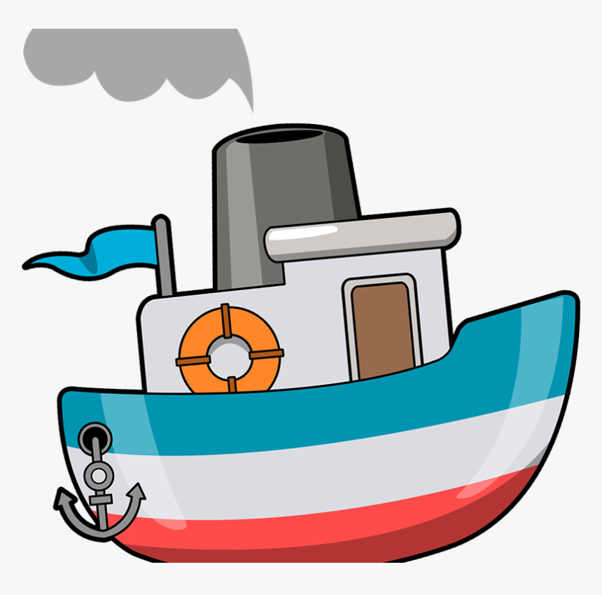 Cartoon tugboat with striped hull, smokestack, lifebuoy, flag, and anchor.