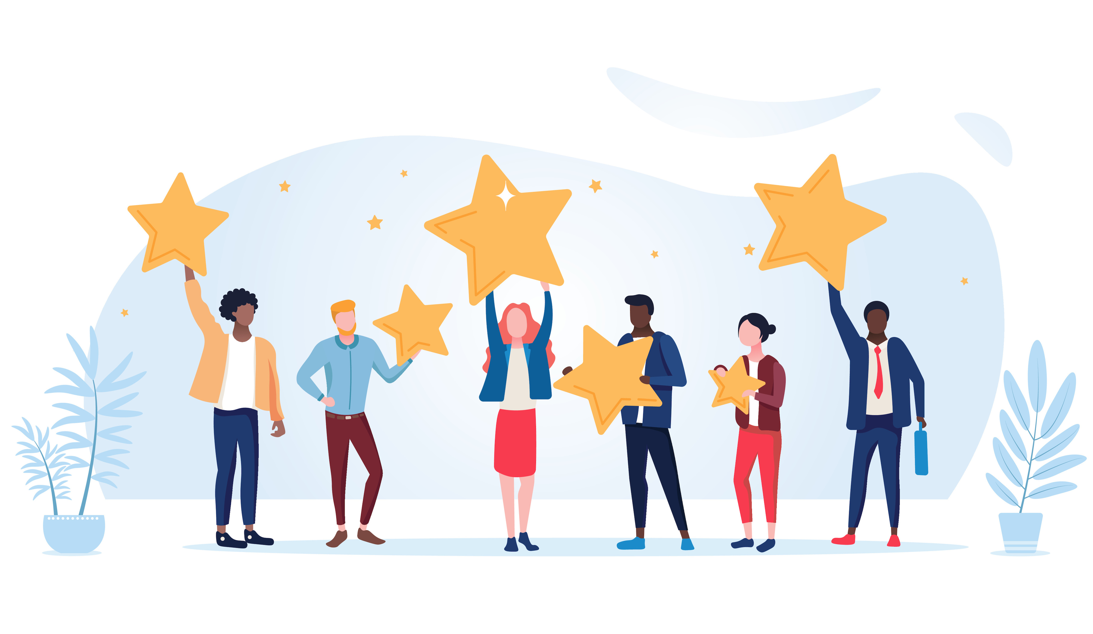 Diverse group of six people holding up golden stars in celebration, symbolizing customer reviews or team recognition.