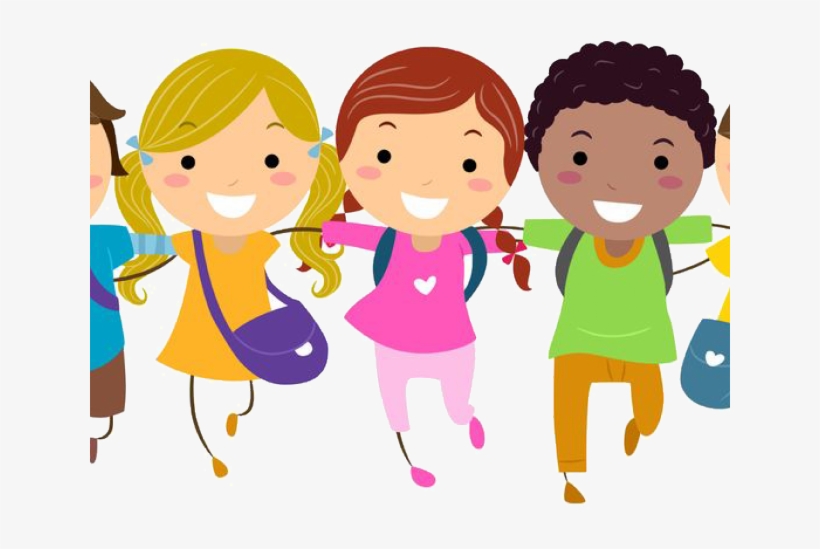 Diverse group of smiling children holding hands, wearing backpacks and colorful clothes, celebrating friendship and inclusion.