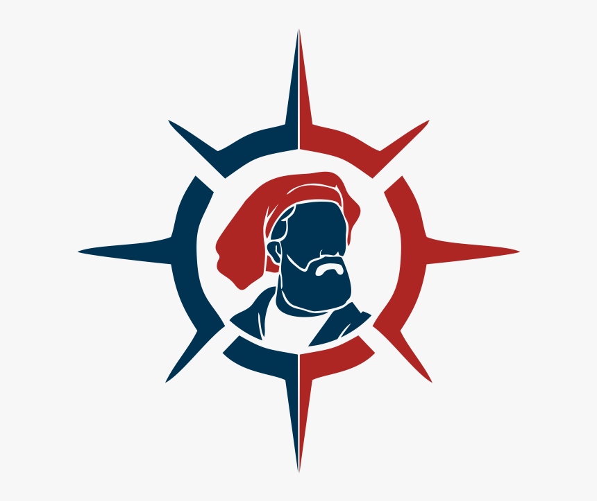 Stylized compass rose with red and navy blue tones framing a bearded figure in a turban, evoking exploration and leadership.
