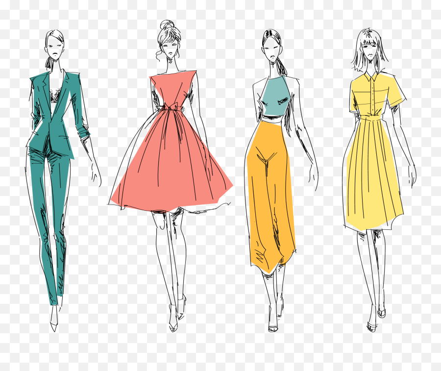 Four fashion sketch models wearing modern outfits in teal, coral, yellow, and two-tone ensembles on transparent background.