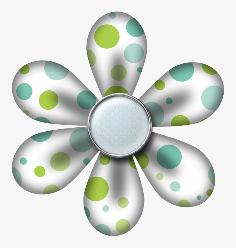 Stylized 6-petal flower with green and teal polka dots on metallic silver petals and a textured light blue center.