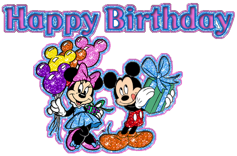 Mickey and Minnie Mouse celebrate with balloons and a gift under "Happy Birthday" text in glittery style.