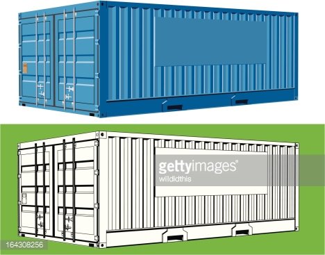 Blue and white shipping containers shown side-by-side, illustrating standard intermodal freight units.