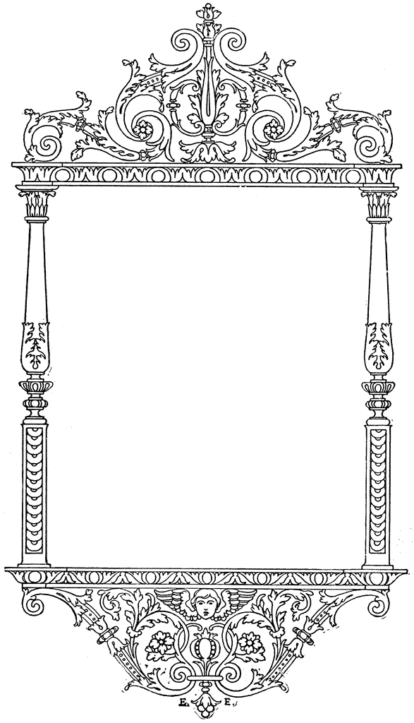 Ornate Renaissance-style architectural frame with scrollwork, columns, and cherub motifs.