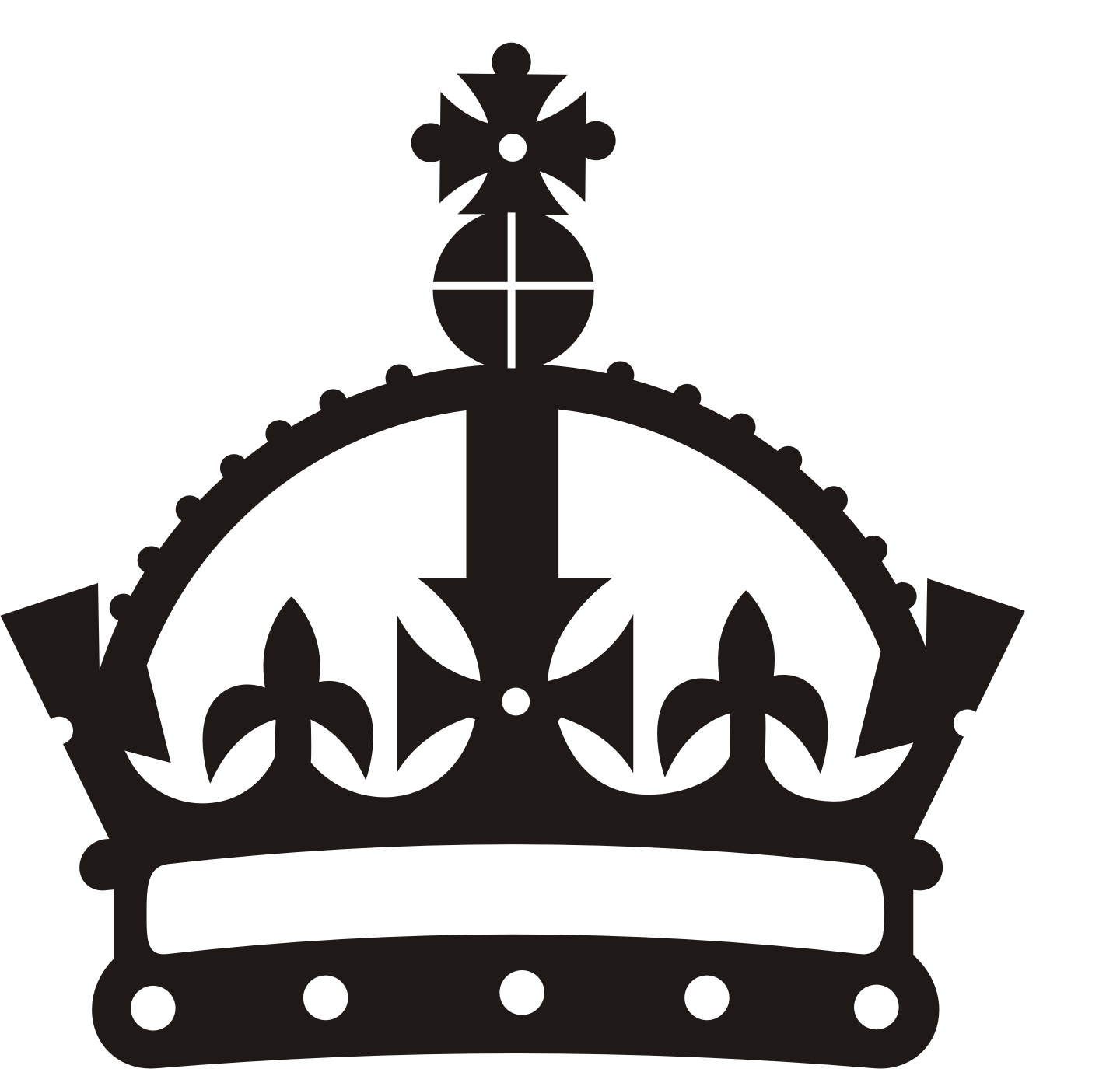 Black silhouette of a royal crown with fleur-de-lis motifs, arches, and a cross pattée finial.