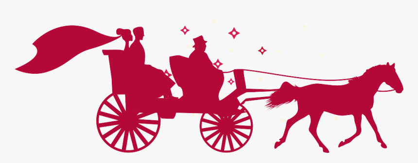 Silhouette of a horse-drawn carriage with couple and driver, red on white with sparkles and flowing banner.