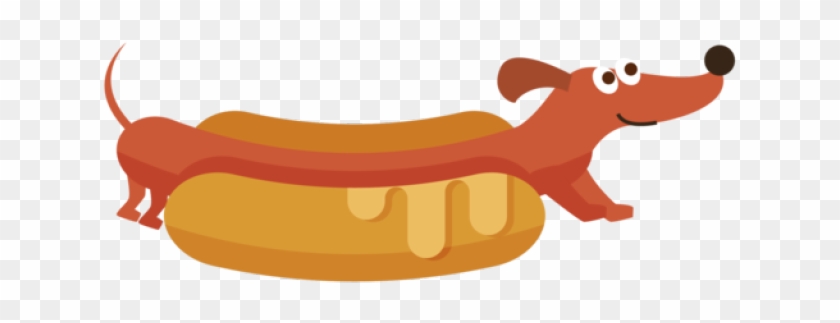 Cartoon dachshund shaped like a hot dog in a bun with mustard, smiling and playful.
